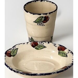 Moorland Staffordshire England Cottage Floral Soap Dish And Cup  Set Blue Rim